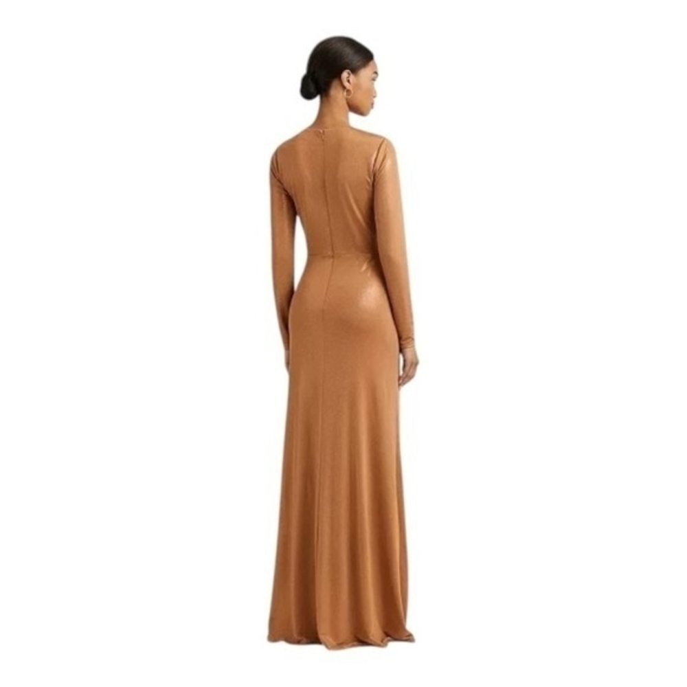 Lauren Ralph Lauren Gold Metallic Jersey Gown Twist Waist Maxi Dress Size 10 NWT - Picture 3 of 10